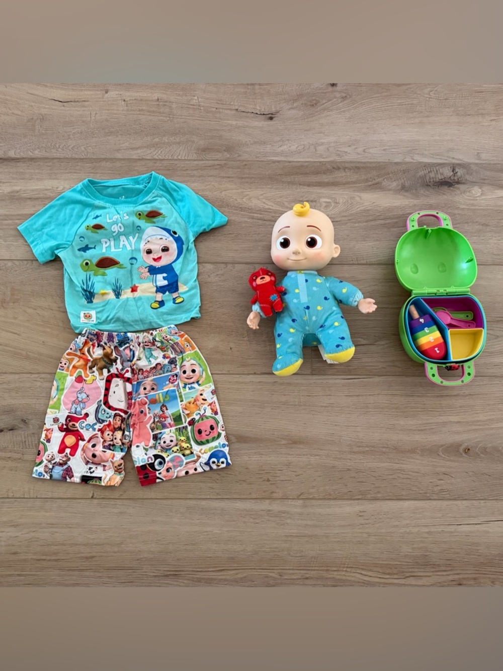 Cocomelon JJ singing doll, pajamas 3T, and picnic set